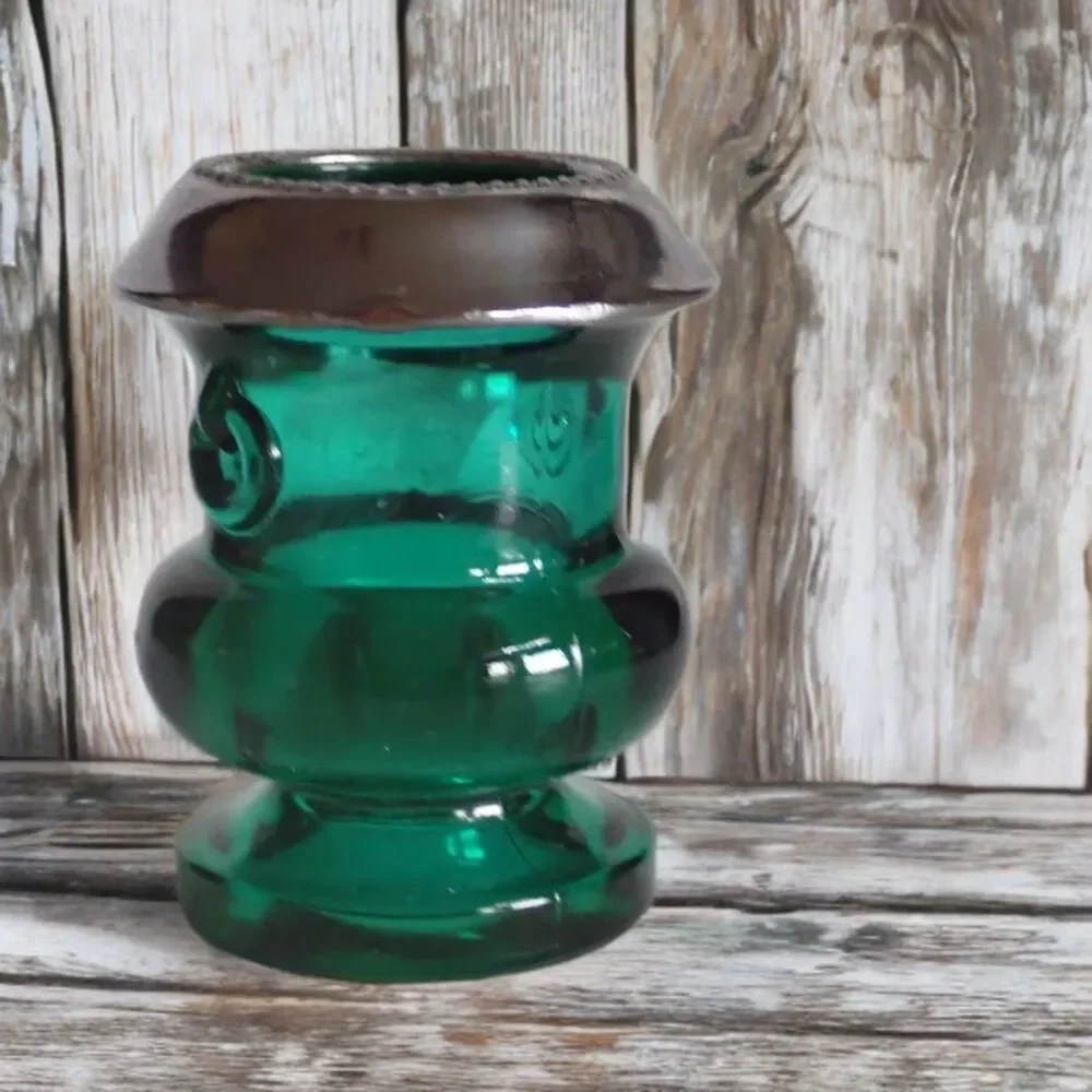 Vintage L E SMITH Green Glass Toothpick Holder Handles Thick Cauldron Silver Rim
